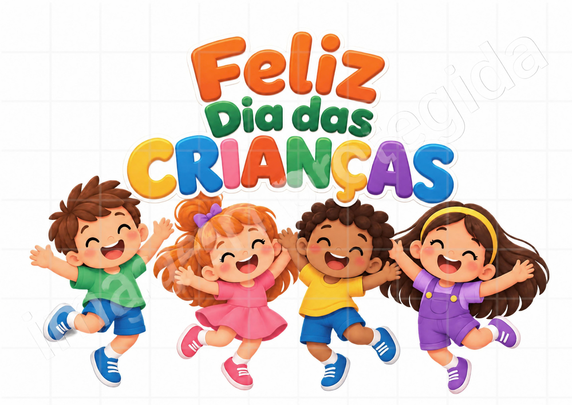 Painel 2: Feliz Dia das Crianças, com quatro crianças pulando de alegria